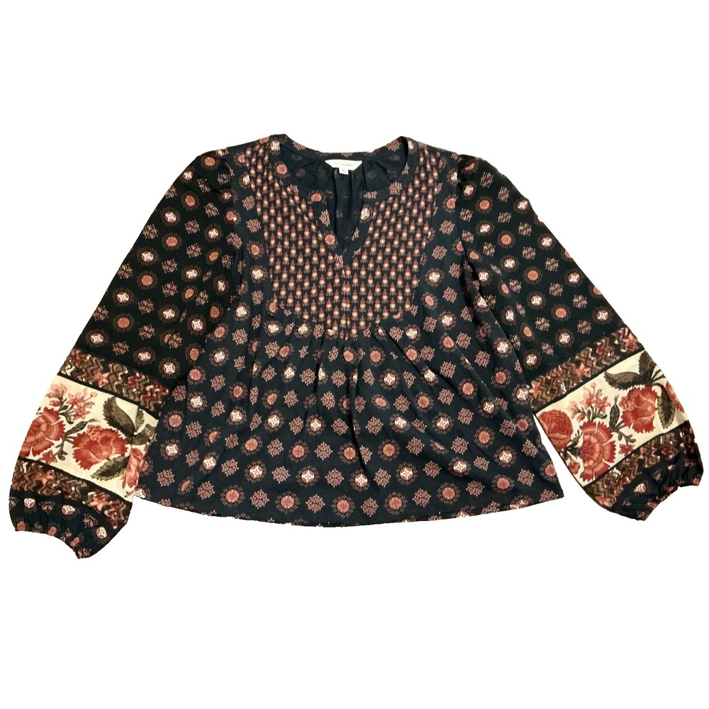 Lucky Brand Fall Floral Peasant V-neck Blouse Medium Boho Top Balloon Sleeve